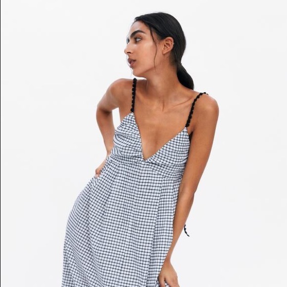 Zara Black and White Plaid Midi Sundress with Pompom Straps - Picture 8 of 9